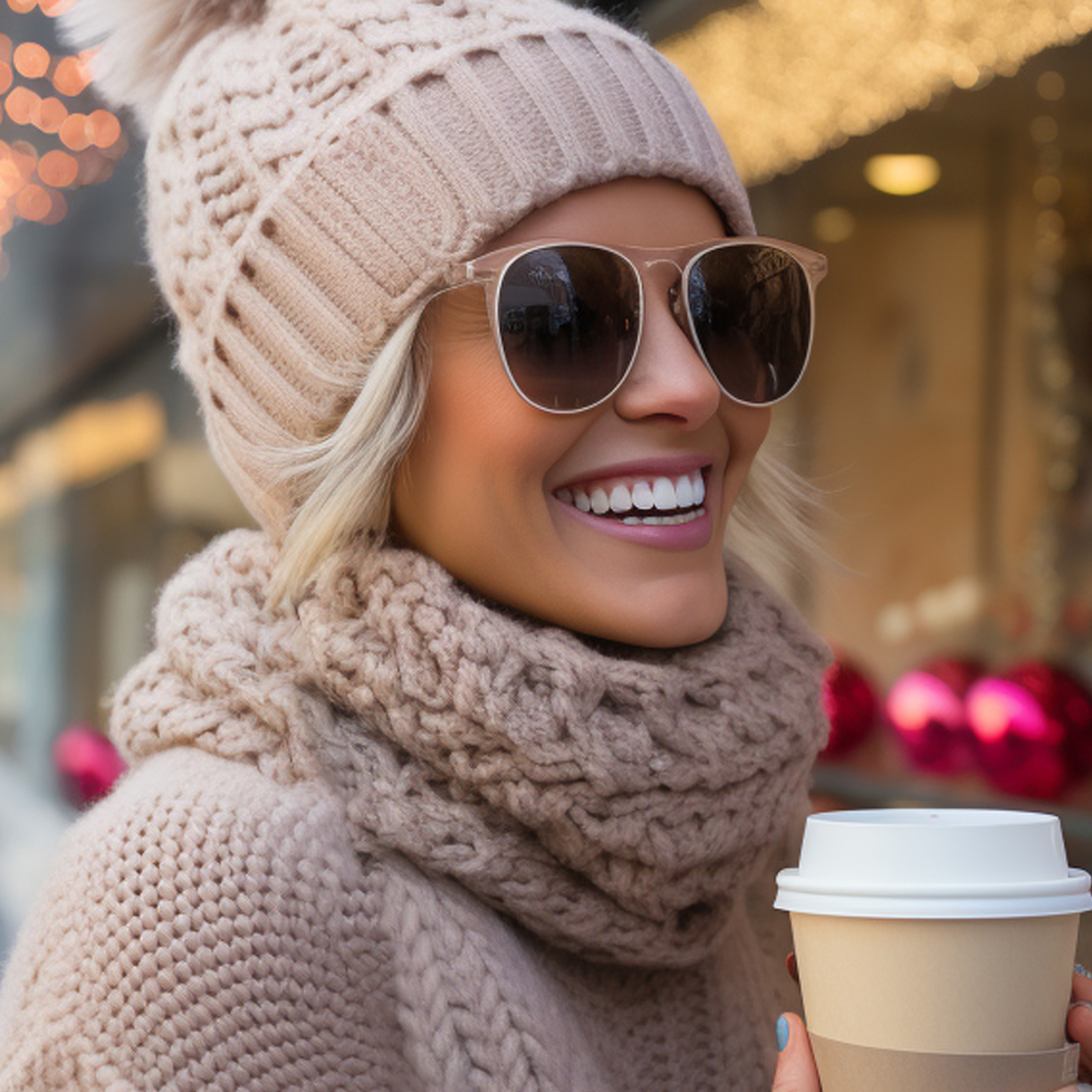 A lady smiles in her chunky soft cable-knit jumper, scarf and hat combo.